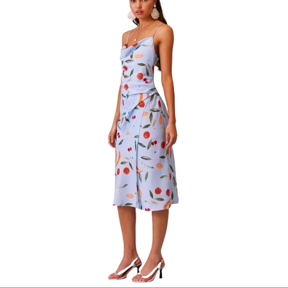 Finders Keepers CALYPSO MIDI DRESS size L US 8 blue with Allover fruit pattern - Picture 10 of 10